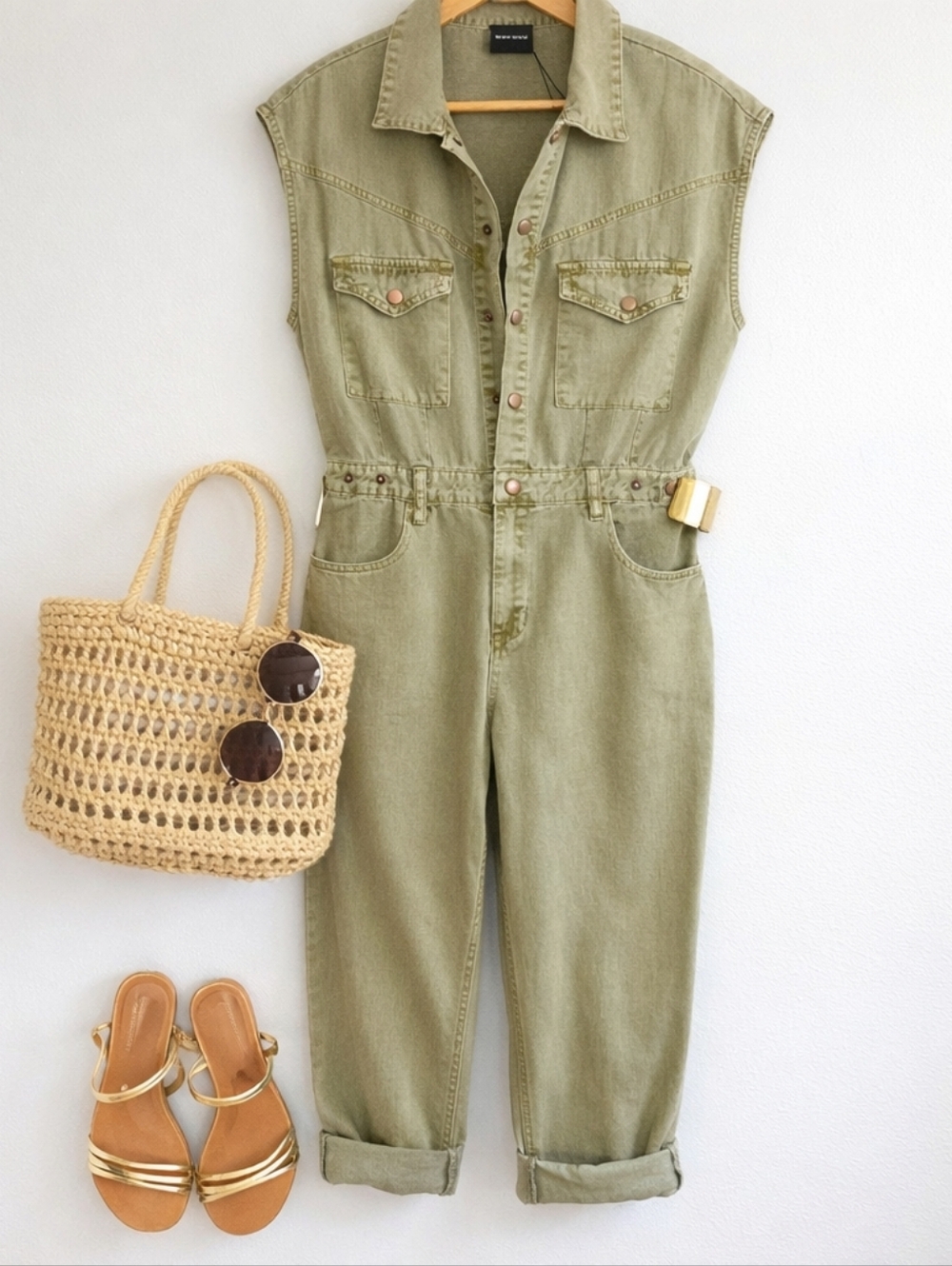 Miou Muse Utility Jumpsuit Olive Green Size M Chic Day to Night NEW